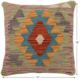 handmade Traditional Pillow Rust Blue Hand-Woven SQUARE 100% WOOL  Hand woven turkish pillow  2 x 2